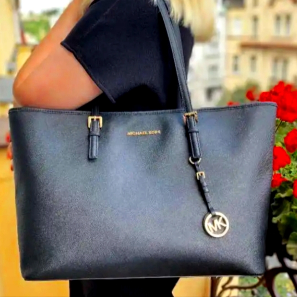 Michael Kors Jet Set Black Saffiano Leather Shoulder Tote Handbag